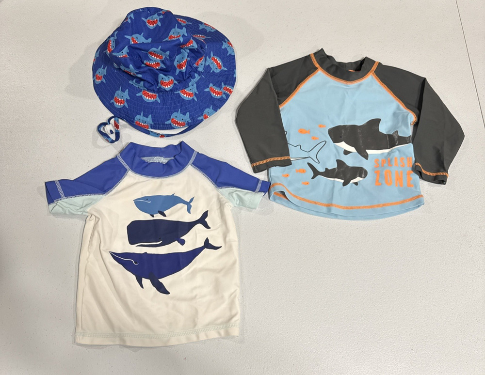 Baby Boys 6-9 Month Swim Rash-guard Shirt, Beach Hat Blue Shark Print Pool Beach